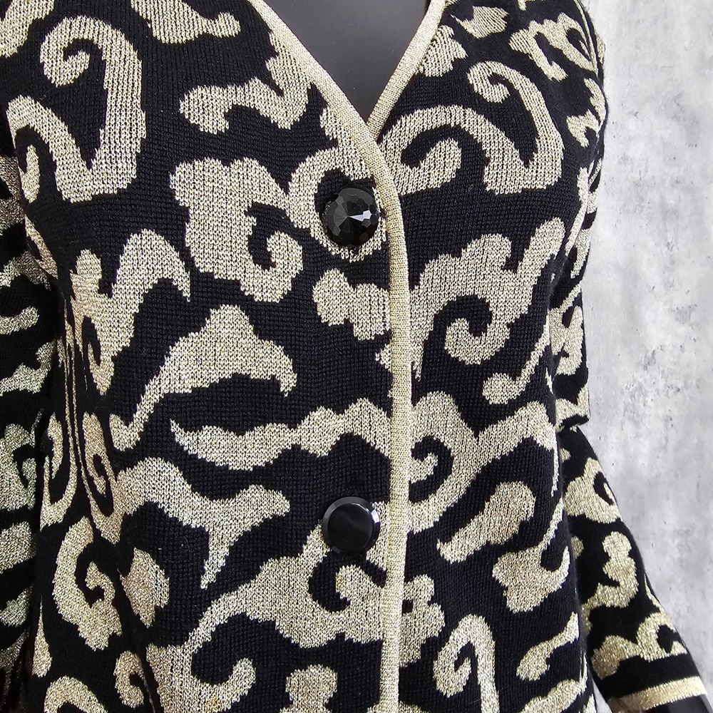 Vintage 80s 90s Tesori Baroque Knit‎ Jacket Gold Black Wool Cardigan XS - Picture 5 of 9